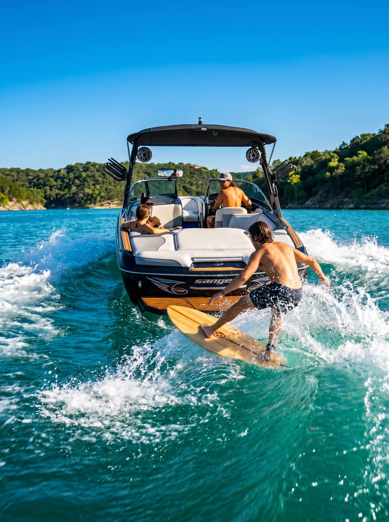 Lake Austin wakesurf charter, cinematic view 1 aboard the Sanger V237 SX