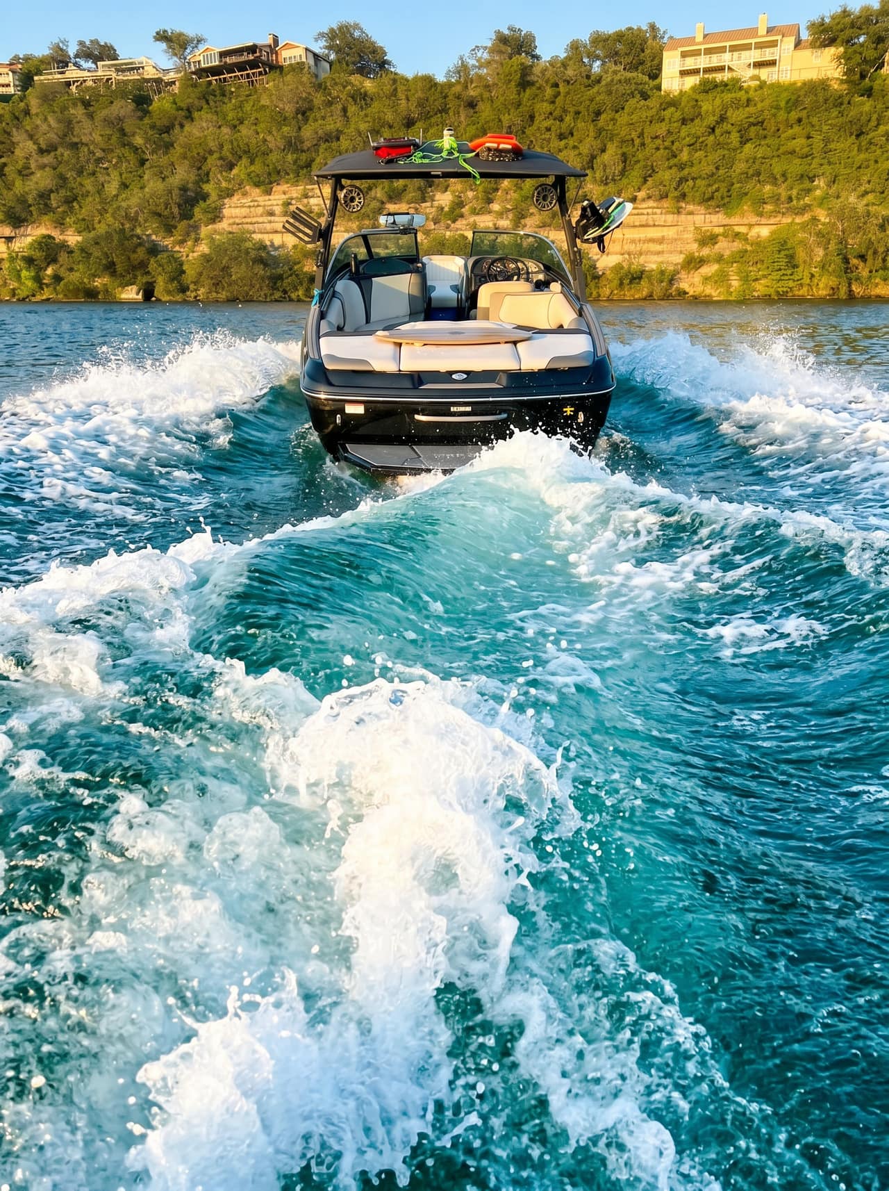 Lake Austin wakesurf charter, cinematic view 3 aboard the Sanger V237 SX